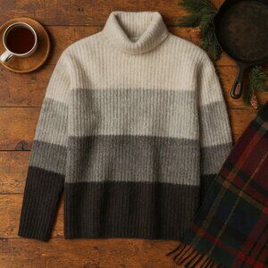 SKYR Lambs Wool Angora Ribbed Striped Sweater Gray Black L Cozy Winter Cowl Neck